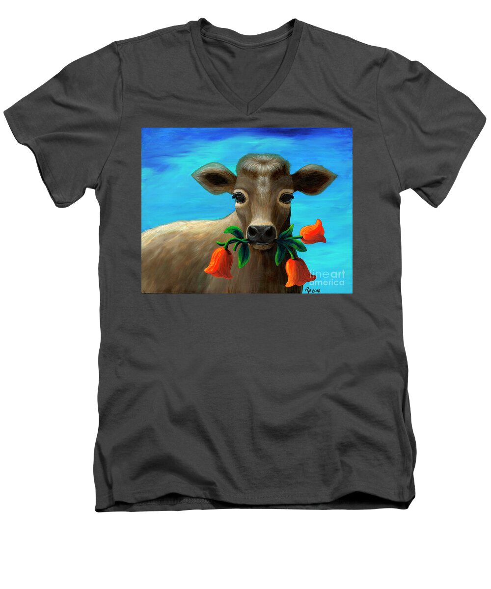 Rebecca Men's V-Neck T-Shirt featuring the painting Happy Cow by Rebecca Parker