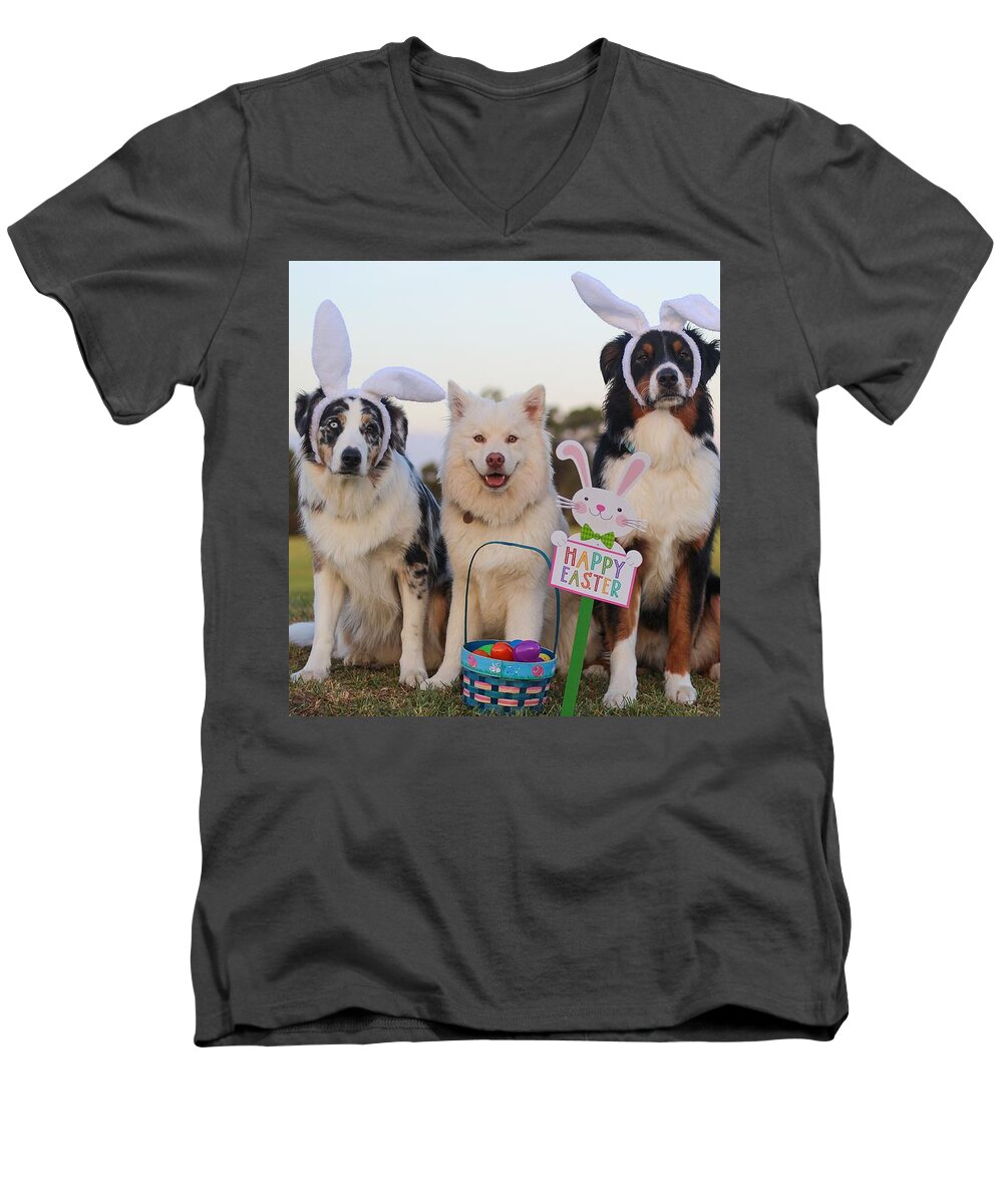 Happy Men's V-Neck T-Shirt featuring the digital art Happy Easter by Kathy Tarochione
