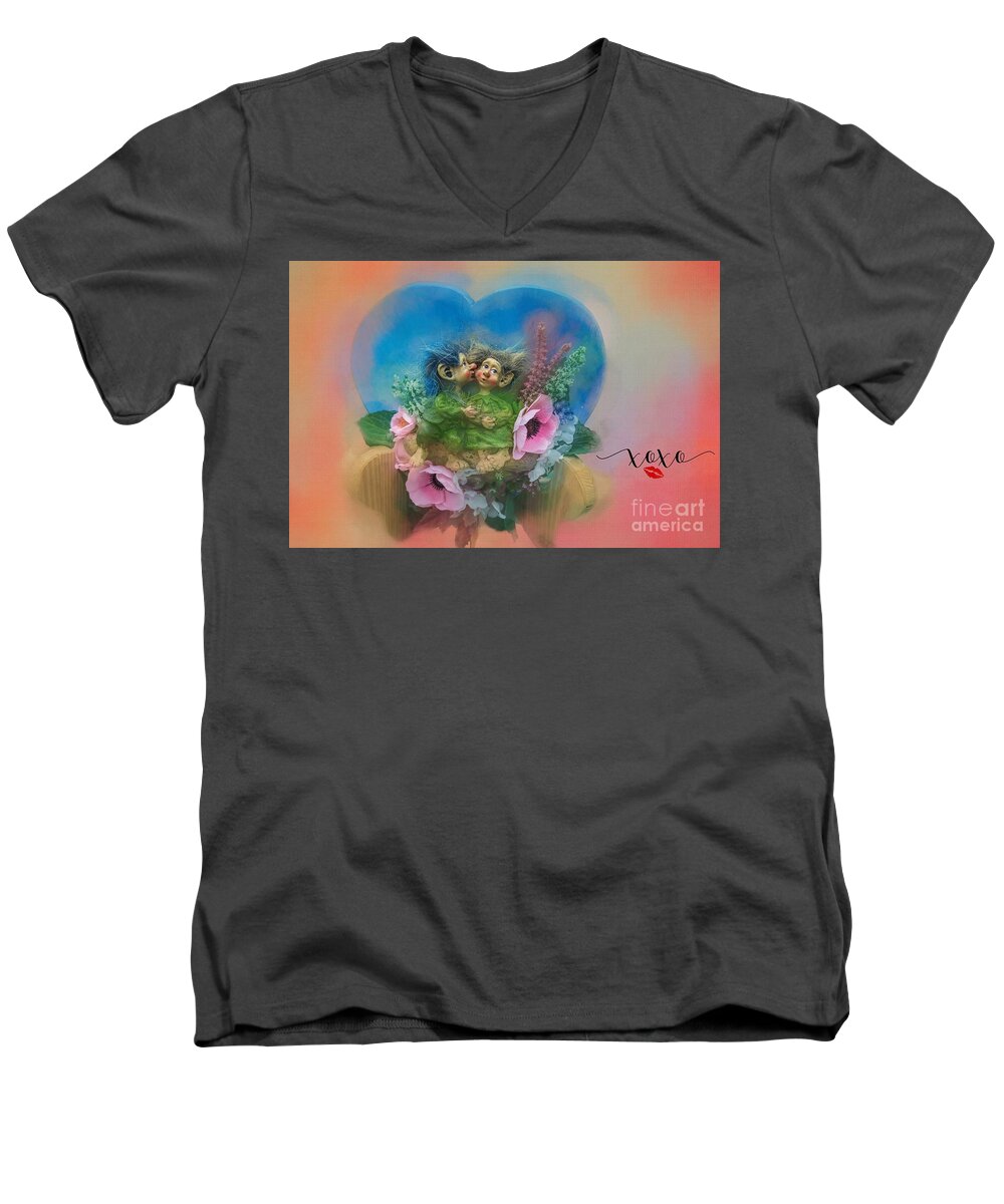 Trolls Men's V-Neck T-Shirt featuring the mixed media Happy Valentine's Day by Eva Lechner