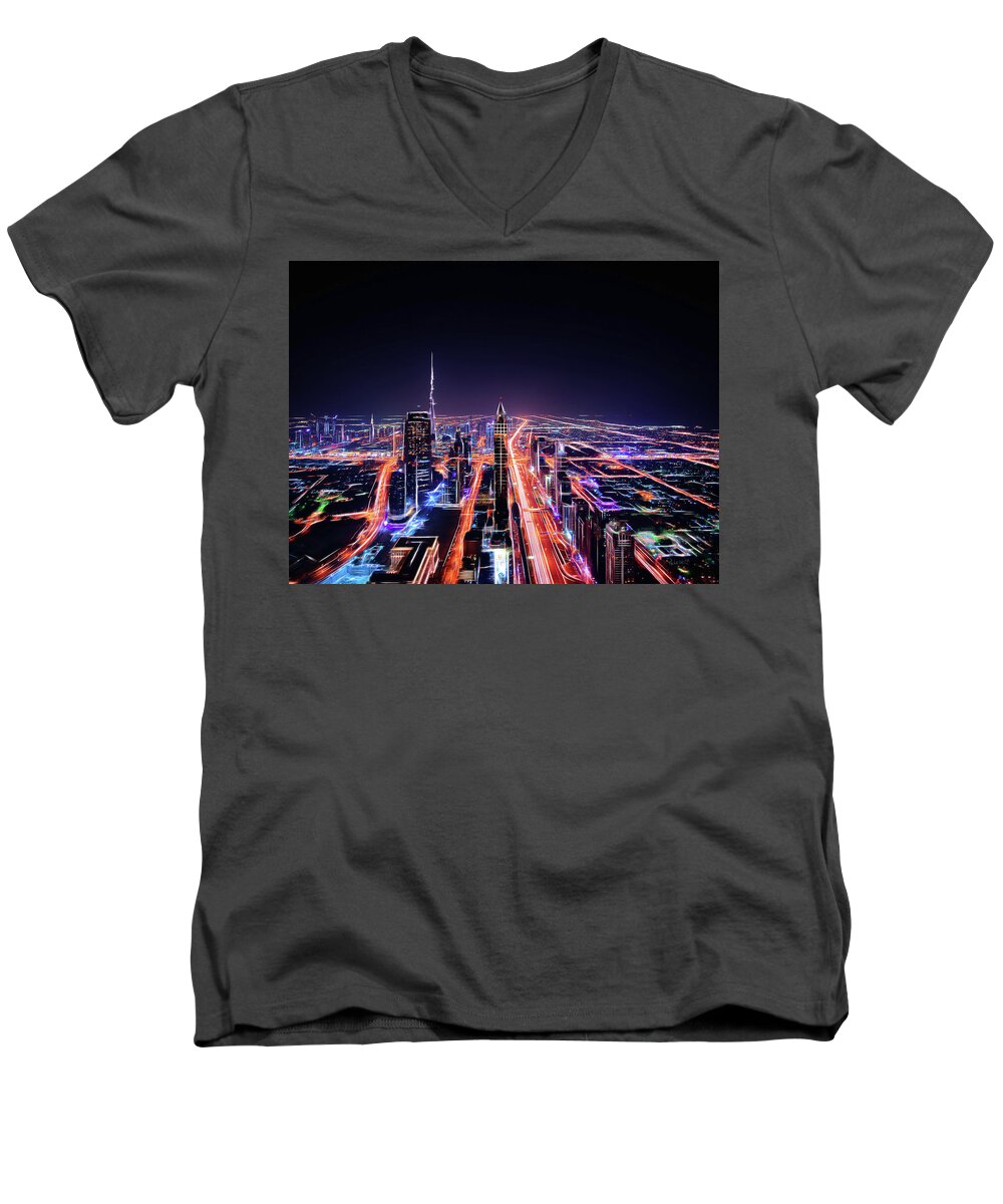 Lightning Men's V-Neck T-Shirt featuring the digital art Harnessed Lightning by David Luebbert