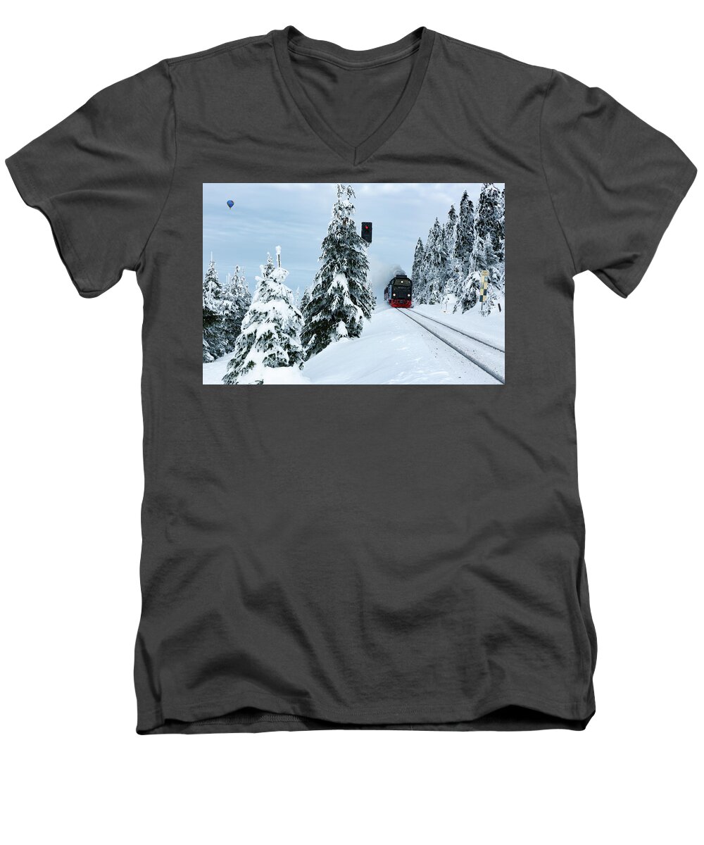 Nature Men's V-Neck T-Shirt featuring the photograph Harz Ballooning and Brocken Railway by Andreas Levi