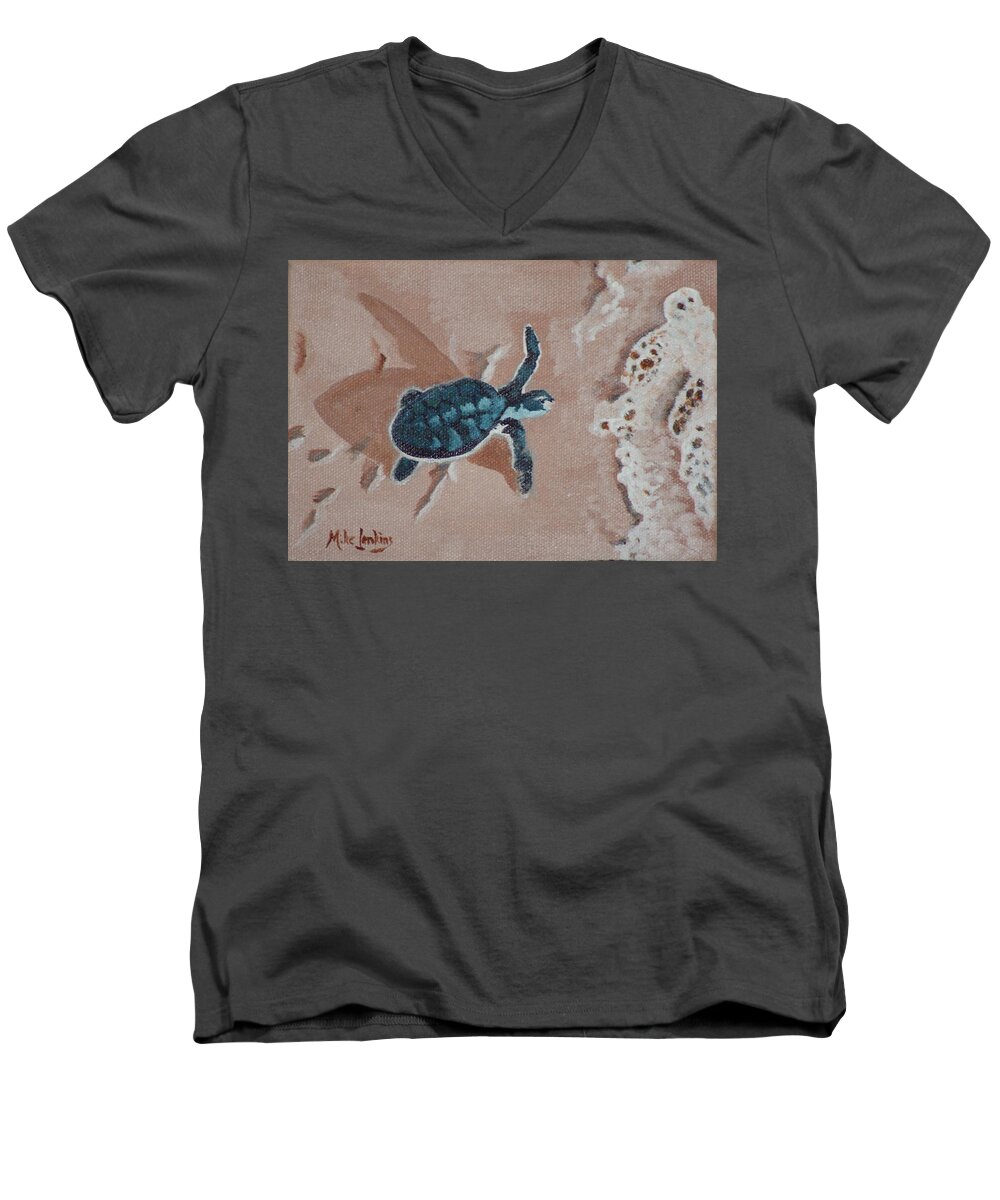Turtle Men's V-Neck T-Shirt featuring the painting Hatchling by Mike Jenkins