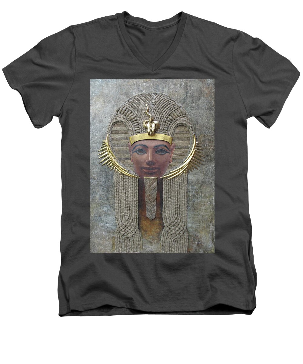 Hatshepsut Men's V-Neck T-Shirt featuring the painting Hatshepsut. Female Pharaoh of Egypt by Valentina Kondrashova