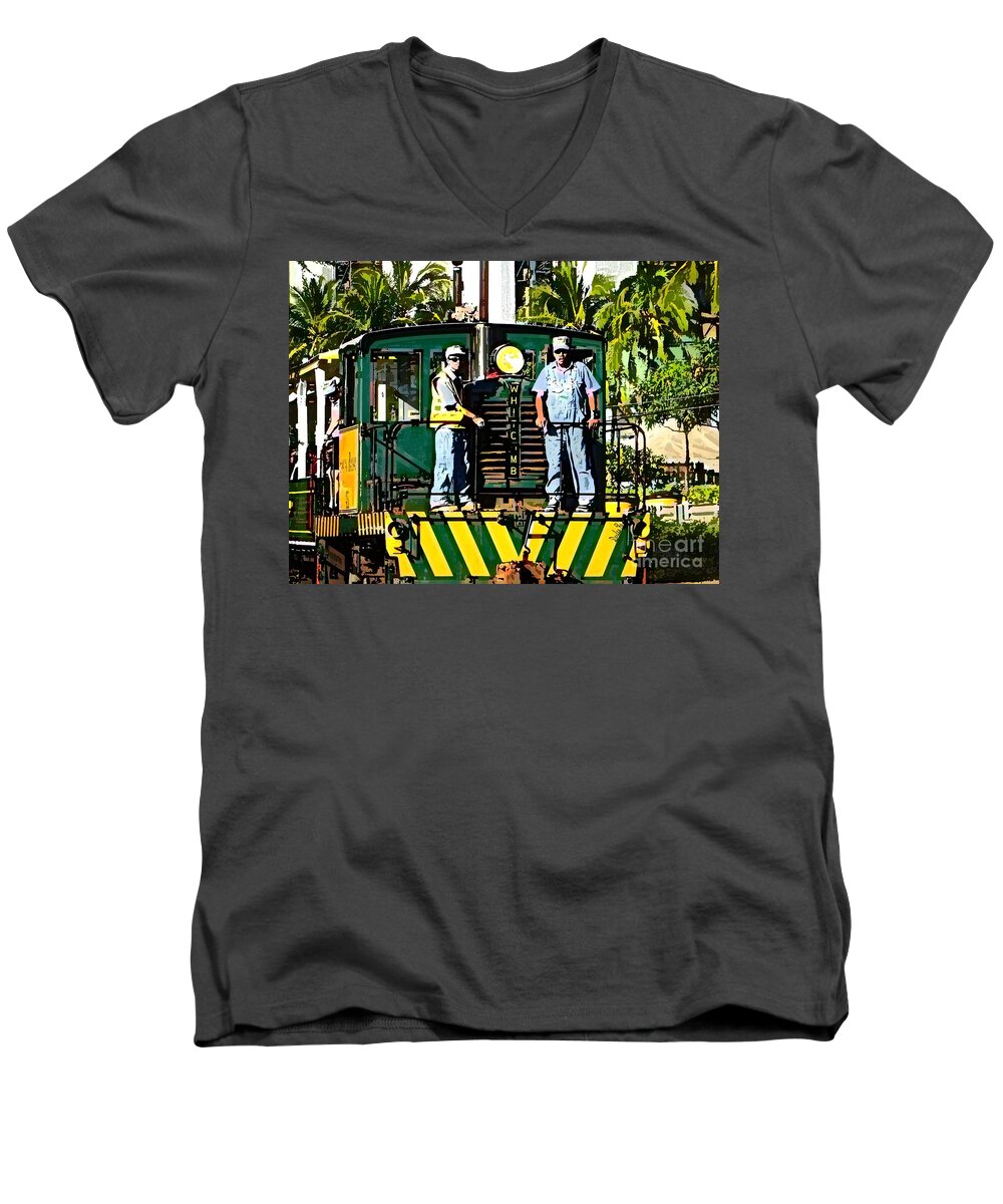 Hawaii. Oahu Men's V-Neck T-Shirt featuring the digital art Hawaiian Railway by Dorlea Ho