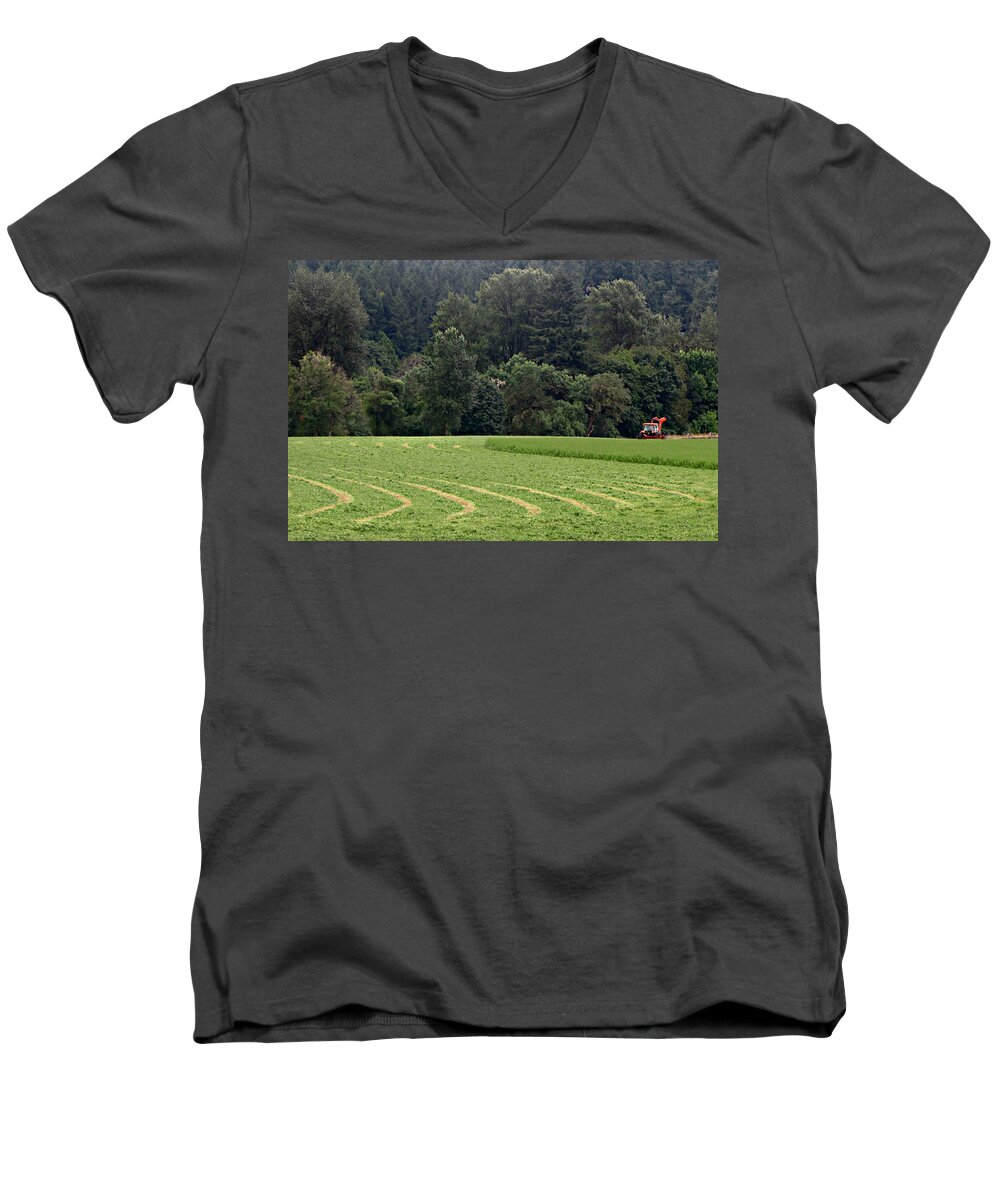 Hayfield Men's V-Neck T-Shirt featuring the photograph Haying by KATIE Vigil