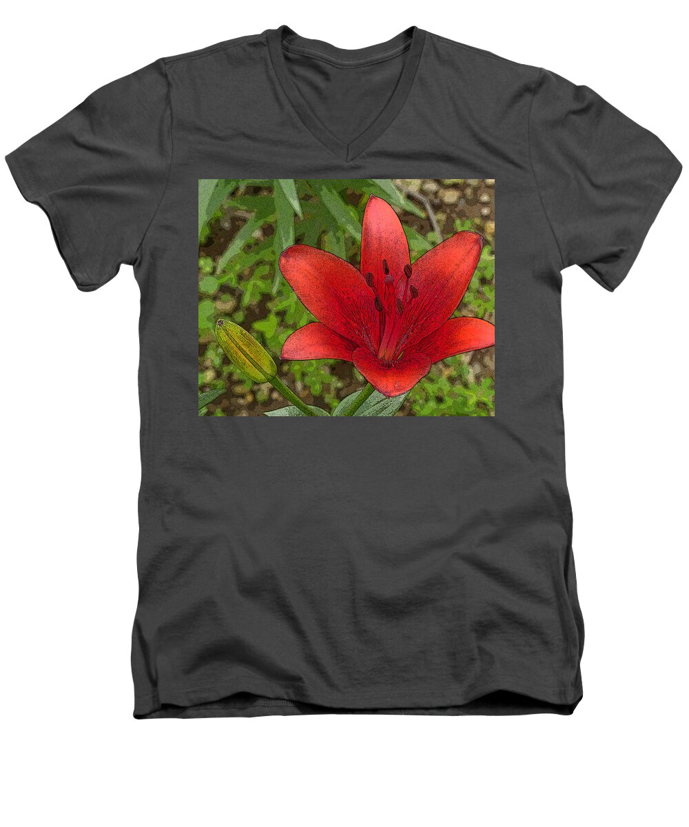 Flowers Men's V-Neck T-Shirt featuring the digital art Hazelle's Red Lily by Jana Russon