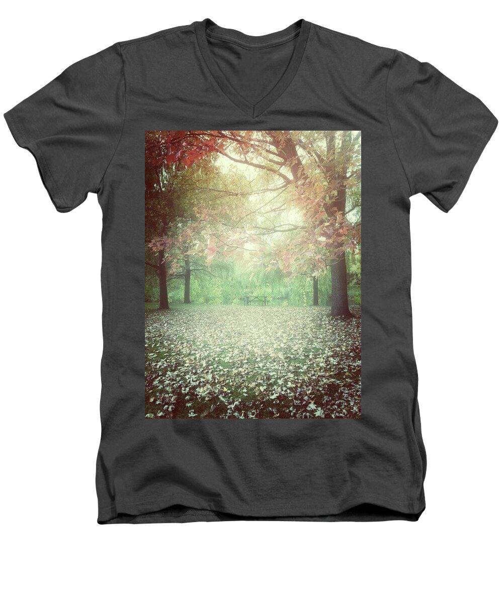 Trees Men's V-Neck T-Shirt featuring the photograph Hazy autumn day in a park by GoodMood Art