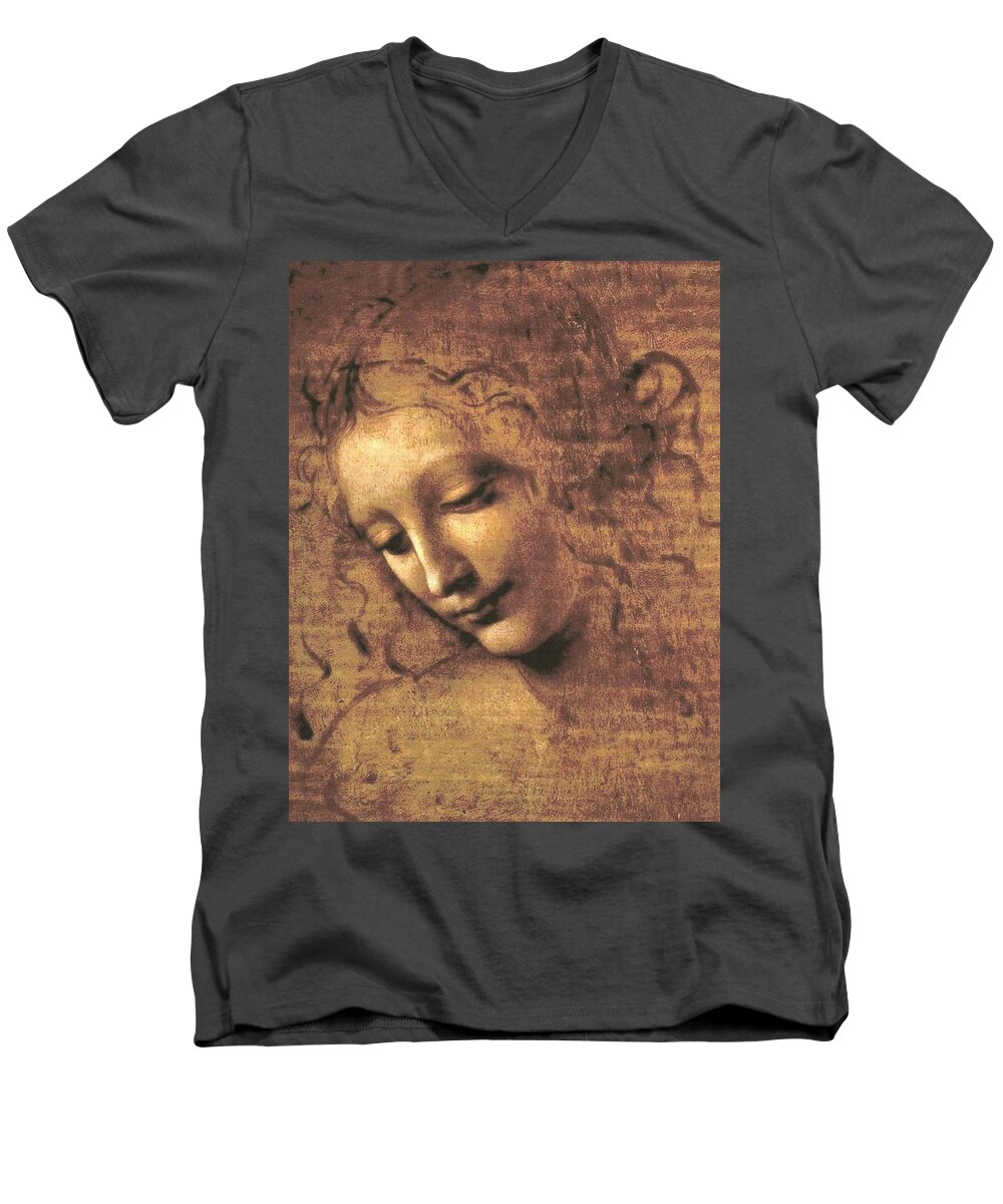 Leonardo Da Vinci Men's V-Neck T-Shirt featuring the painting Head Of A Woman by Leonardo Da Vinci
