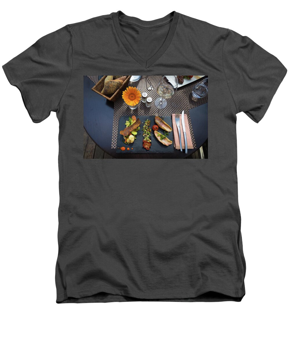 Fork Men's V-Neck T-Shirt featuring the photograph Health fish dish served at a French restaurant by Semmick Photo