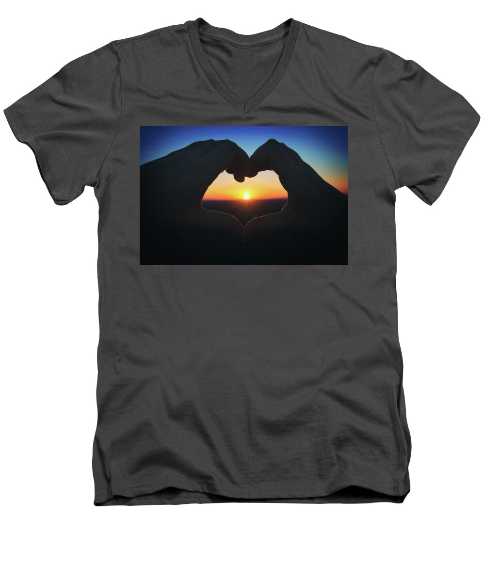 Heart Shaped Hand Silhouette Men's V-Neck T-Shirt featuring the photograph Heart Shaped Hand Silhouette - Sunset at Lapham Peak - Wisconsin by Jennifer Rondinelli Reilly - Fine Art Photography