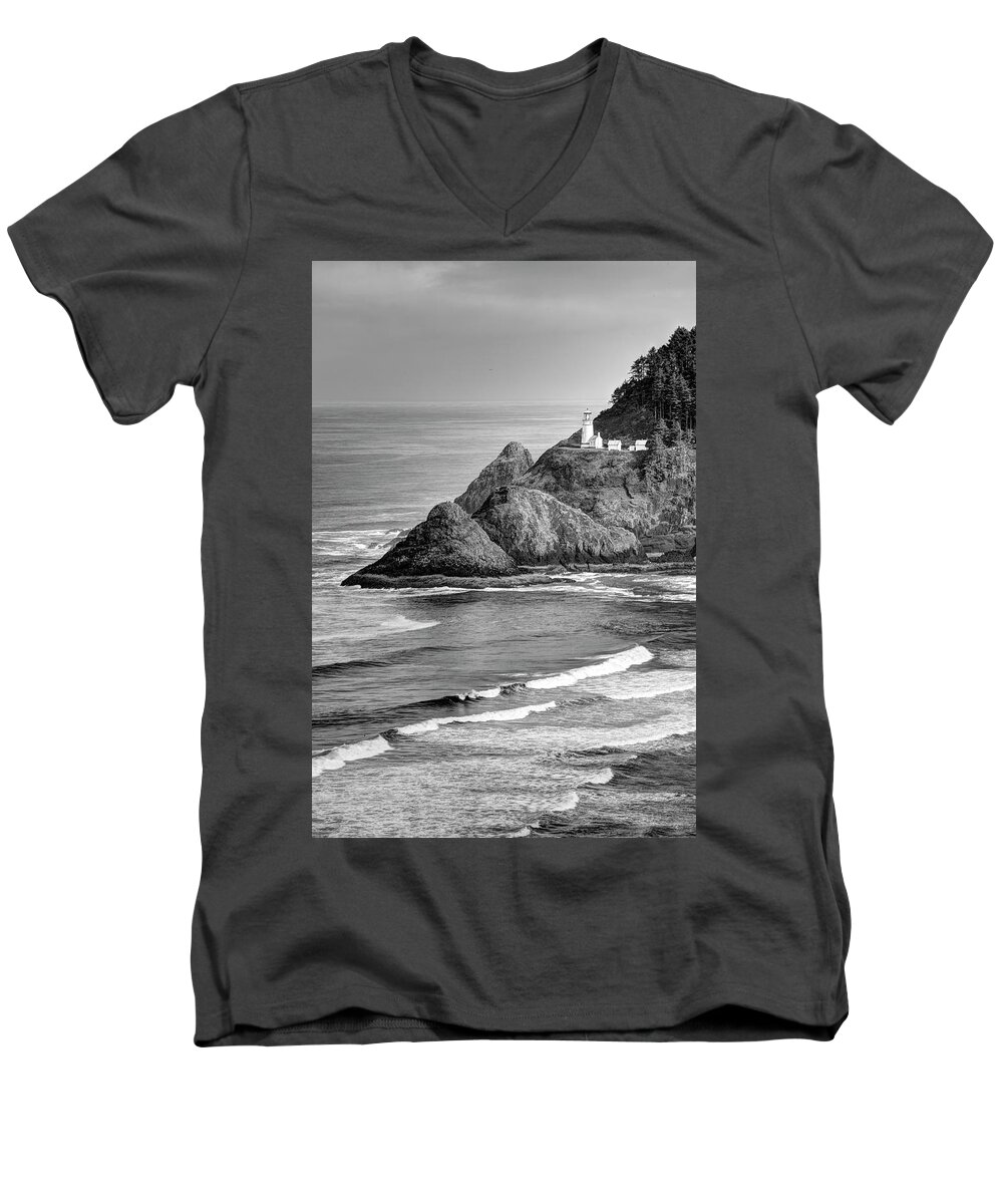 Oregon Men's V-Neck T-Shirt featuring the photograph Heceta Head Light in Black and White by Harold Rau