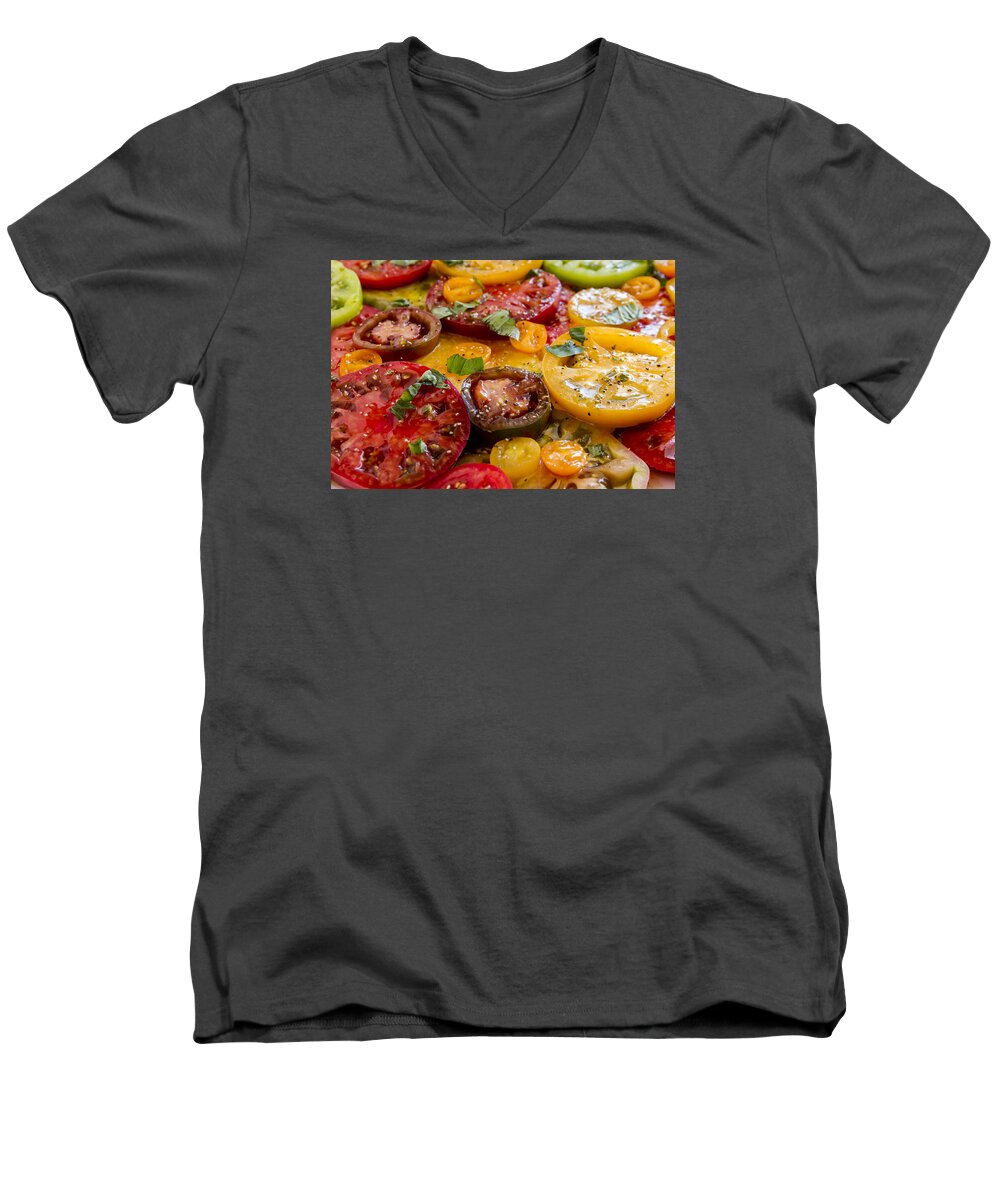 Autumn Men's V-Neck T-Shirt featuring the photograph Heirloom Tomatoes with Basil by Teri Virbickis
