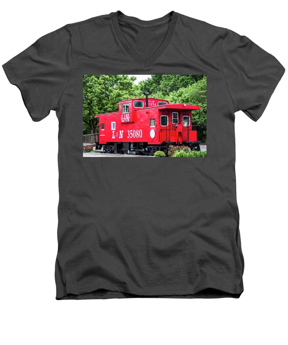 Helena Men's V-Neck T-Shirt featuring the photograph Helena Red Caboose by Parker Cunningham