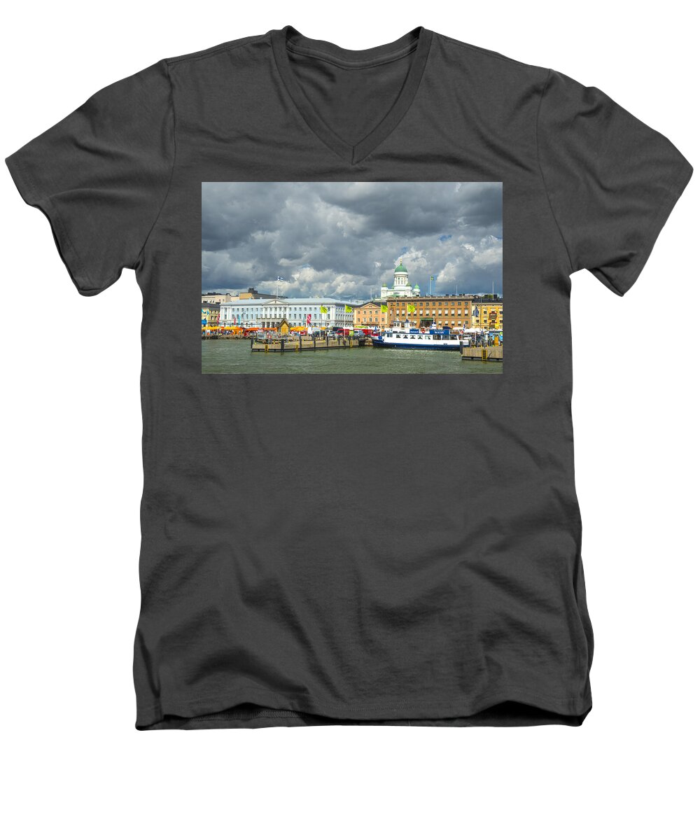 Helsinki; Finland; South Harbor; Harbor; Europe; Clouds; Boats; Ships; Market Square; Helsinki Cathedral Men's V-Neck T-Shirt featuring the photograph Helsinki, South Harbor by Mick Burkey