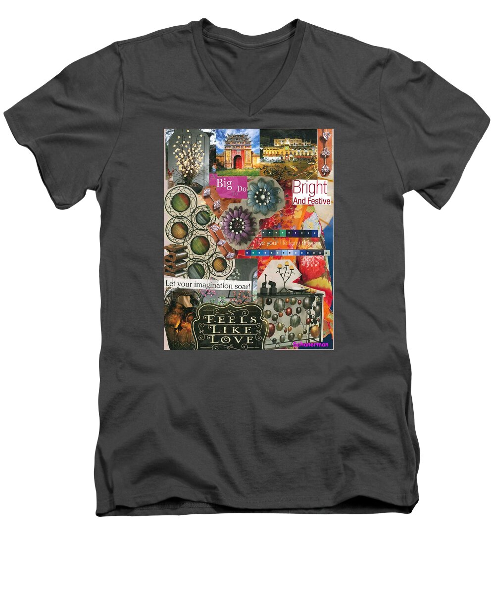 Collage Art Men's V-Neck T-Shirt featuring the mixed media Here There and Everywhere by Susan Schanerman