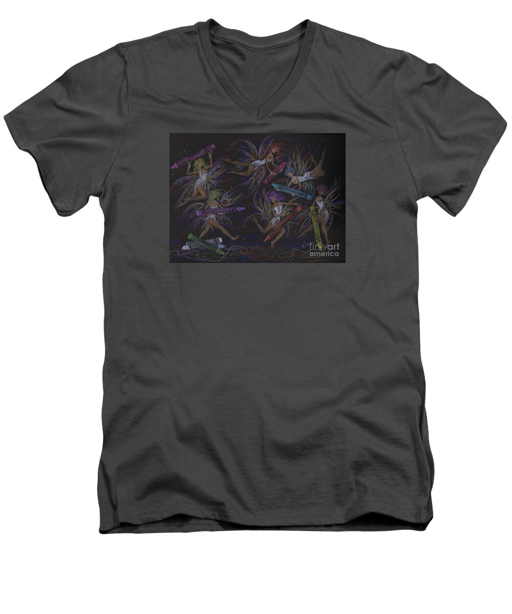 Color Men's V-Neck T-Shirt featuring the drawing Here We Go A Coloring... by Dawn Fairies