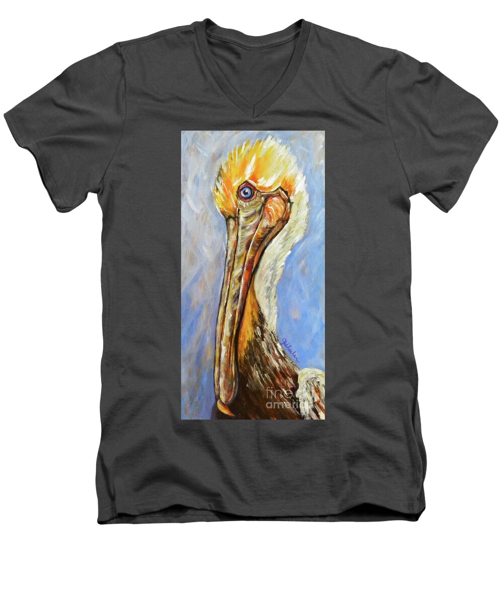 Pelican Men's V-Neck T-Shirt featuring the painting Here's looking at you by JoAnn Wheeler