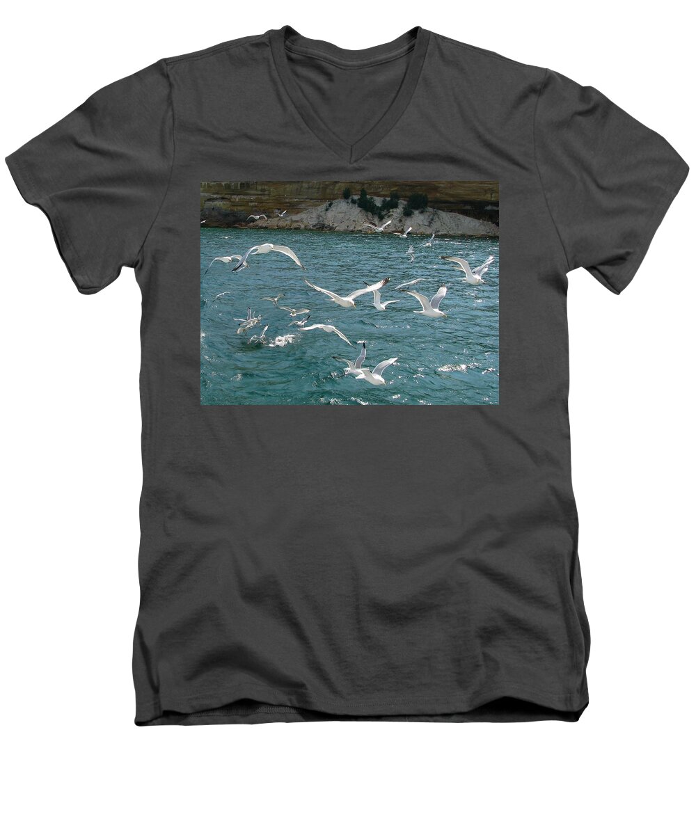 Pictured Rocks National Lakeshore Men's V-Neck T-Shirt featuring the photograph Herring Gulls at Pictured Rocks by Keith Stokes
