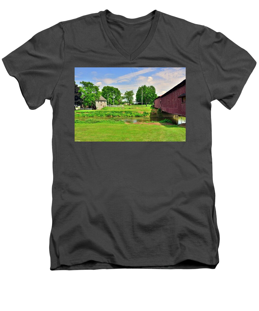 Herr's Grist Mill And Covered Bridge Men's V-Neck T-Shirt featuring the photograph Herr's Grist Mill And Covered Bridge by Lisa Wooten
