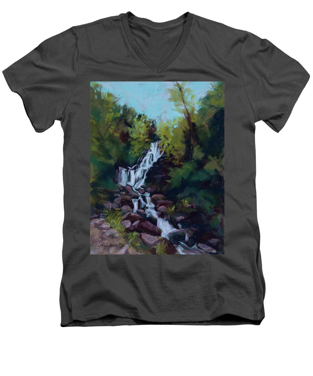 Falls Men's V-Neck T-Shirt featuring the painting Hidden Falls by Mary Benke