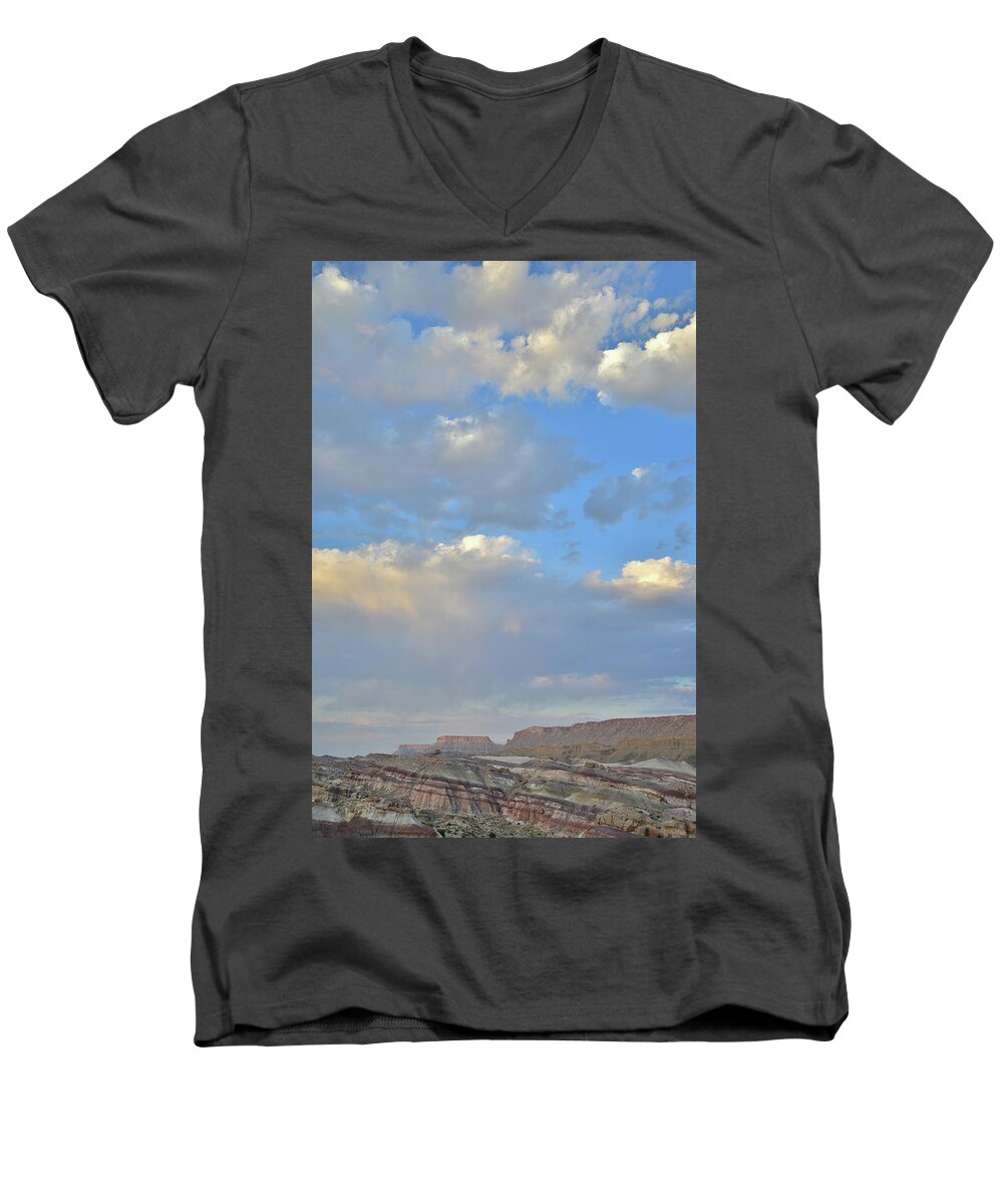 Capitol Reef National Park Men's V-Neck T-Shirt featuring the photograph High Clouds over Caineville Wash by Ray Mathis