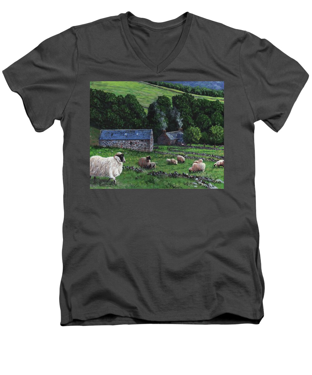 Tim Men's V-Neck T-Shirt featuring the painting Highland croft by Timithy L Gordon