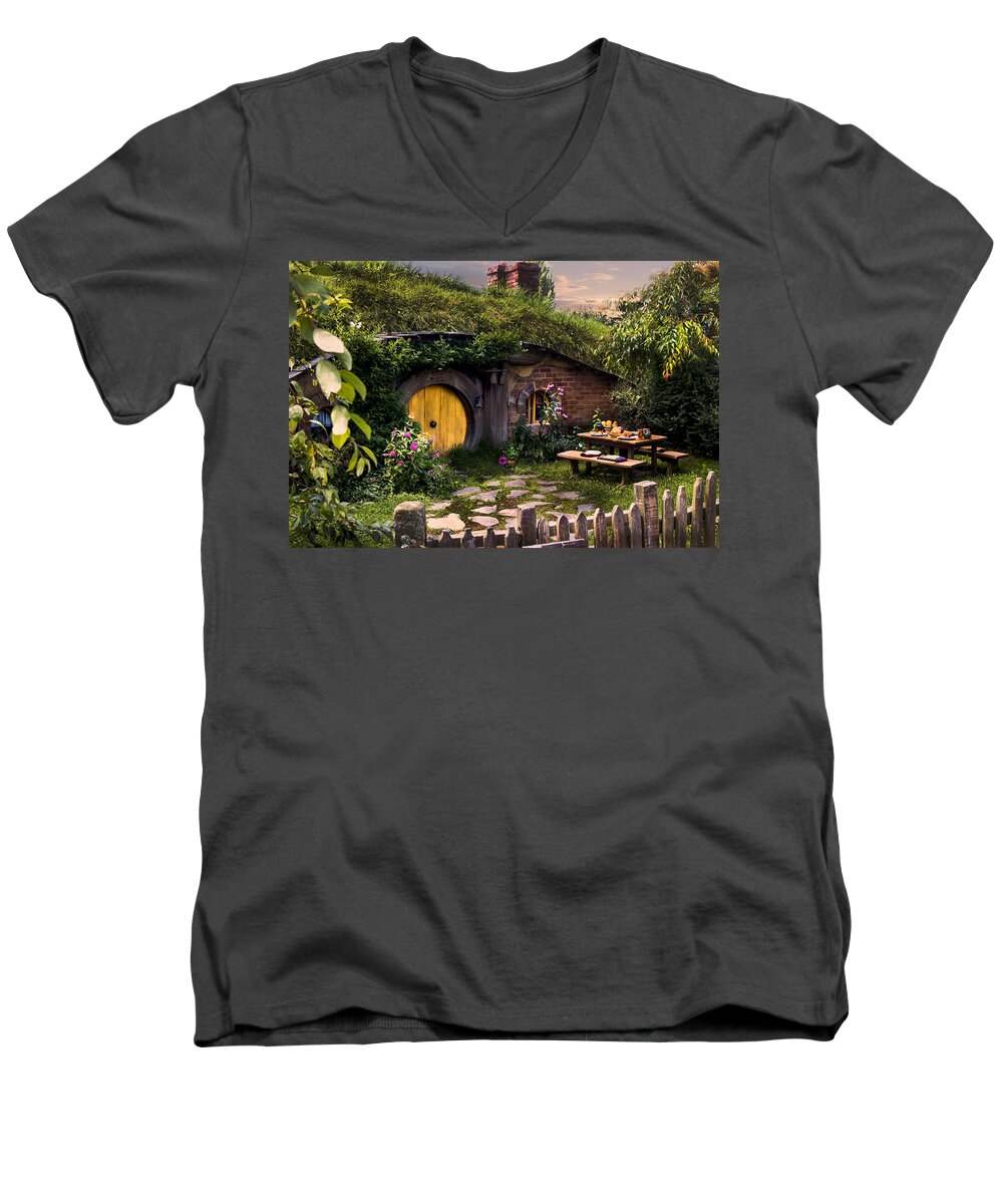 The Shire Men's V-Neck T-Shirt featuring the photograph Hobbit Hole at Sunset by Kathryn McBride
