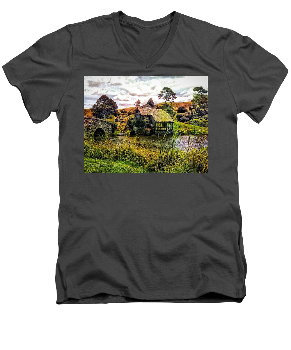 Landscape Men's V-Neck T-Shirt featuring the photograph Hobbiton Mill and Bridge by Kathy Kelly