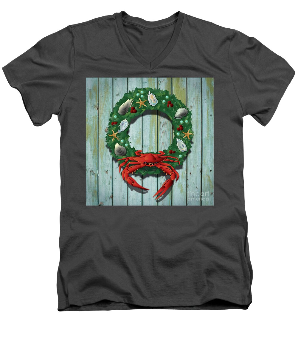Costal Men's V-Neck T-Shirt featuring the digital art Holiday Crab Wreath by Joe Barsin