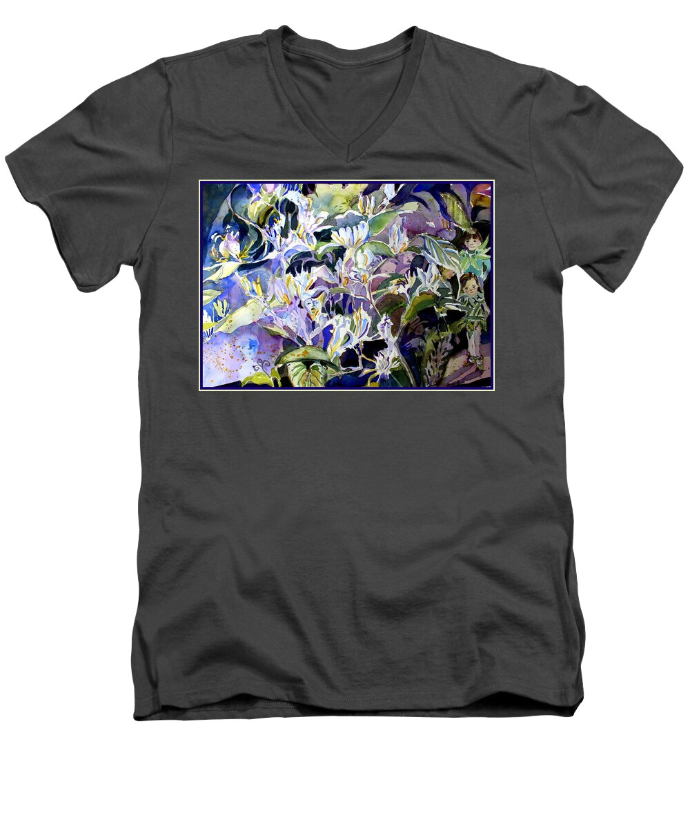 Fairies Men's V-Neck T-Shirt featuring the painting Honeysuckle Fairies by Mindy Newman