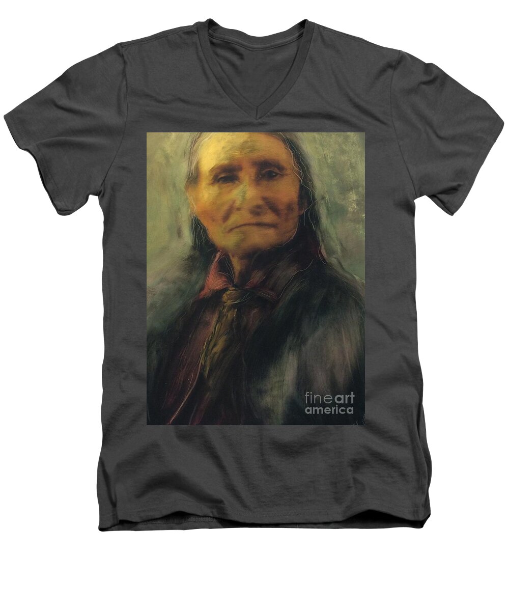 Elder Native American Indian First Nations Aboriginal Indigenous Men's V-Neck T-Shirt featuring the painting Honoring Geronimo by FeatherStone Studio Julie A Miller