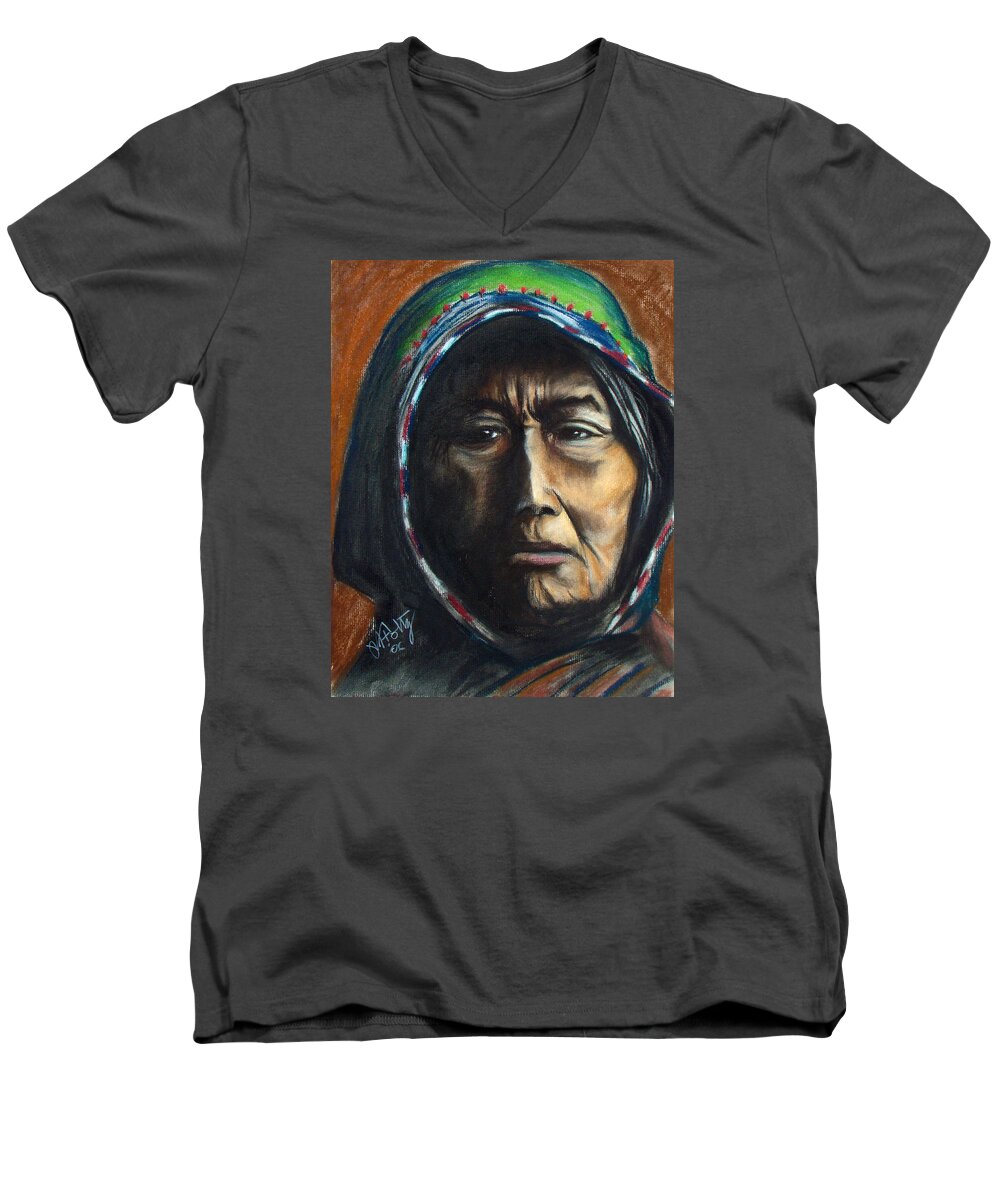  Men's V-Neck T-Shirt featuring the painting Hooded Woman by Michael Foltz