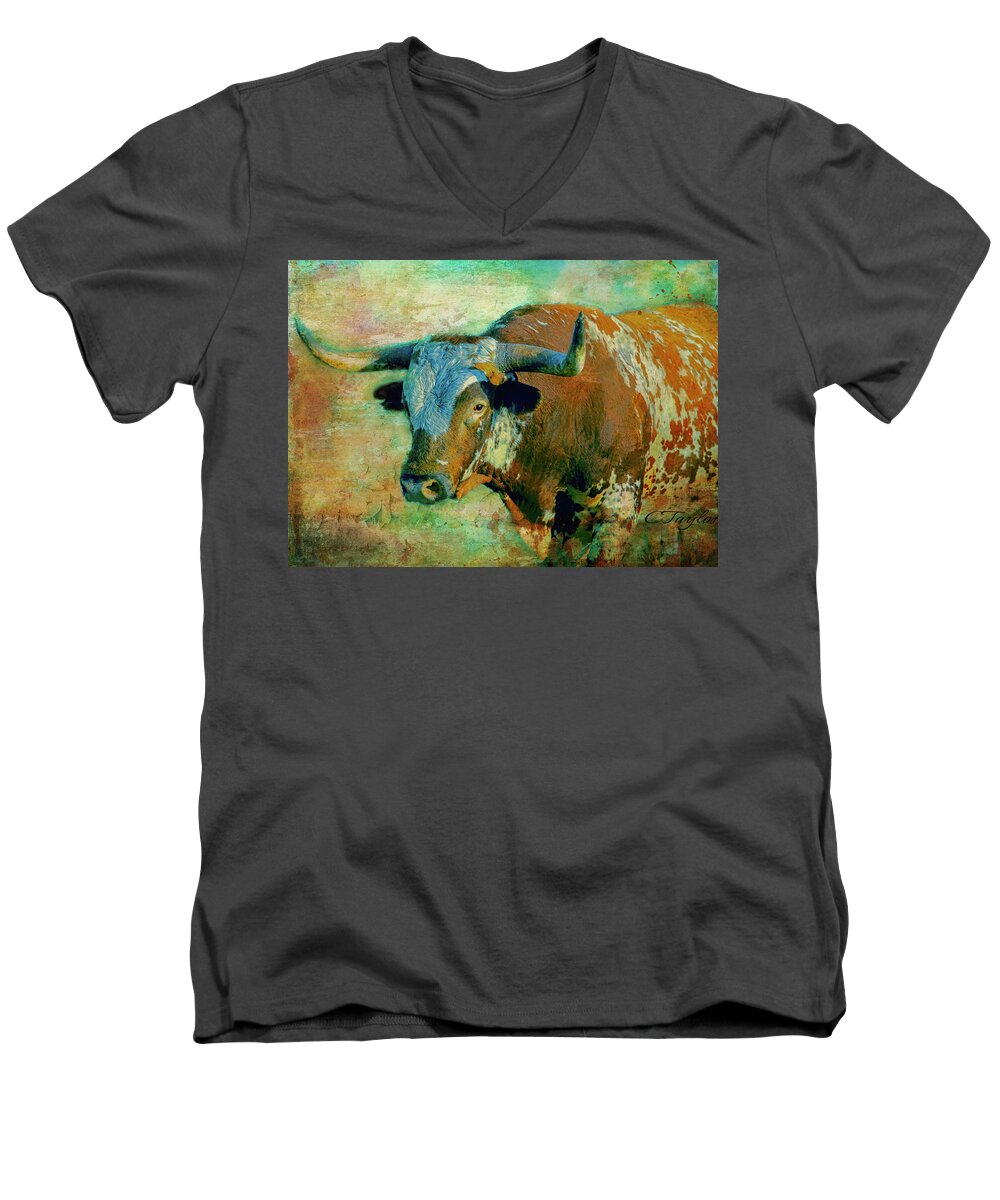 Texas Longhorns Men's V-Neck T-Shirt featuring the digital art Hook 'Em 1 by Colleen Taylor