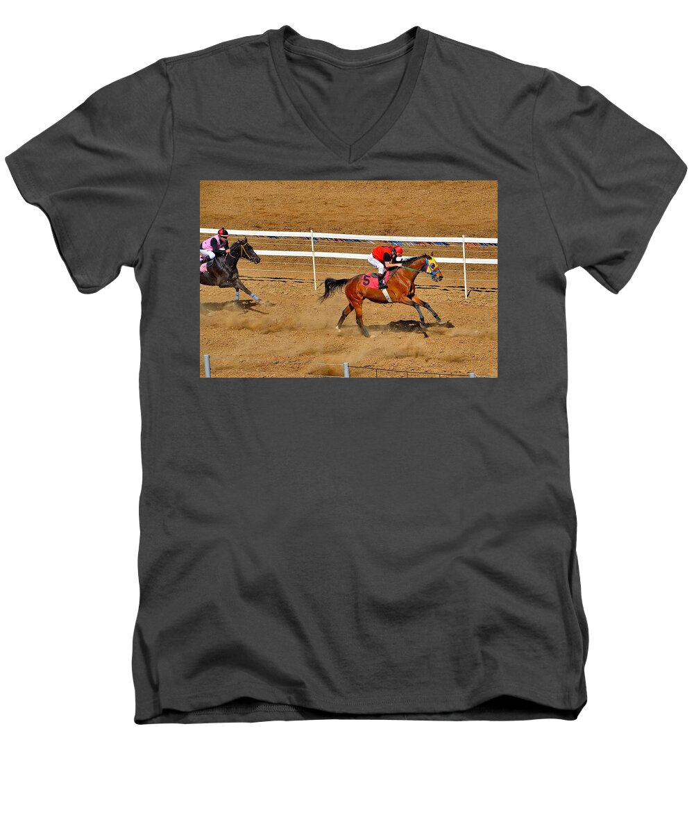 Horse Racing Men's V-Neck T-Shirt featuring the photograph Horse Racing by Maria Jansson