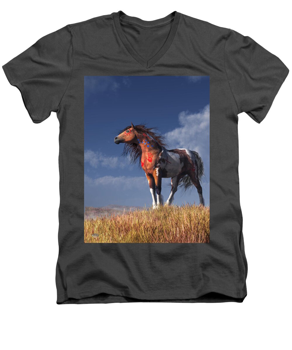 Warrior Spirit Men's V-Neck T-Shirt featuring the digital art Horse with War Paint by Daniel Eskridge