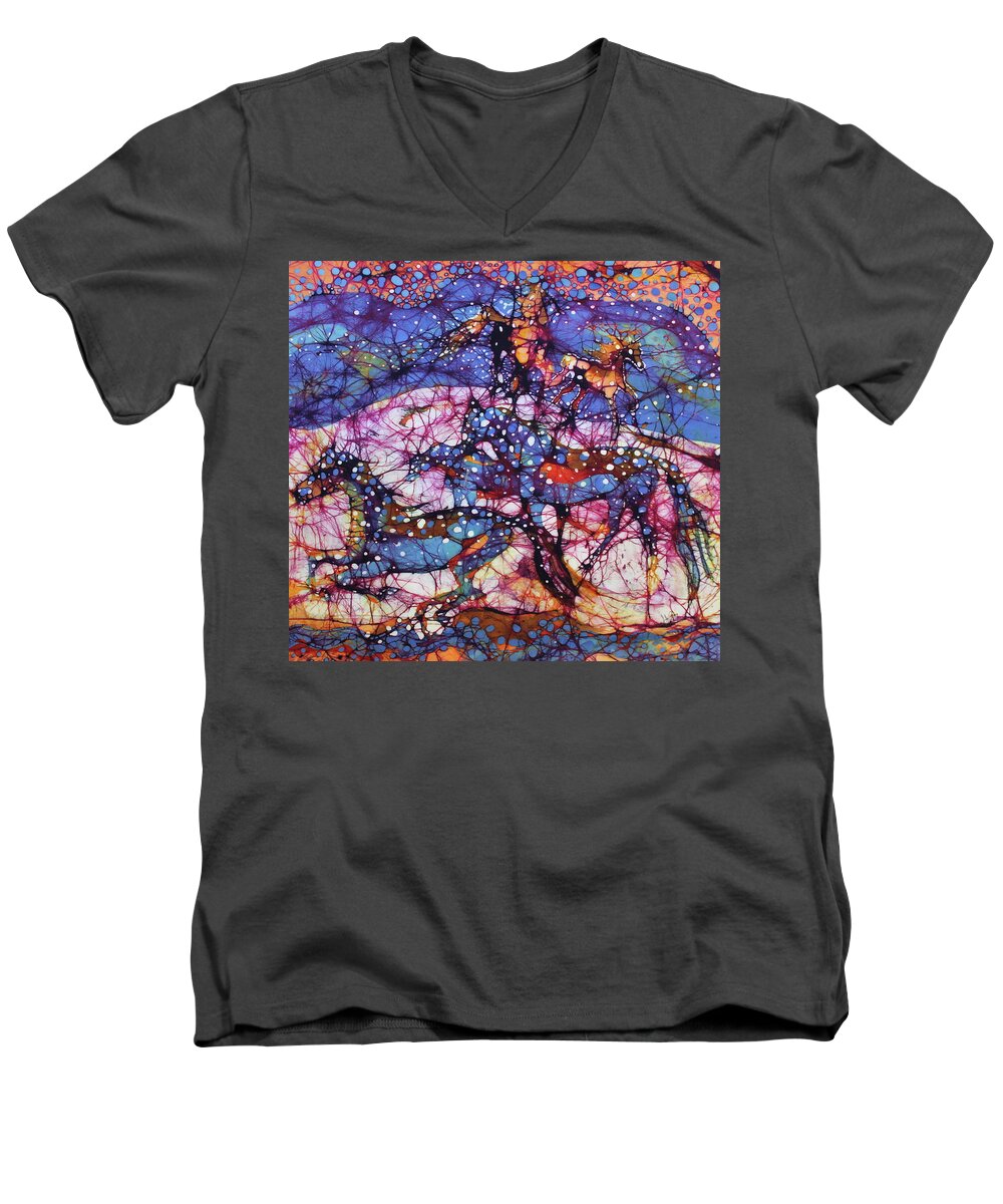 Equine Men's V-Neck T-Shirt featuring the tapestry - textile Horses Gallop in Snowfields by Carol Law Conklin