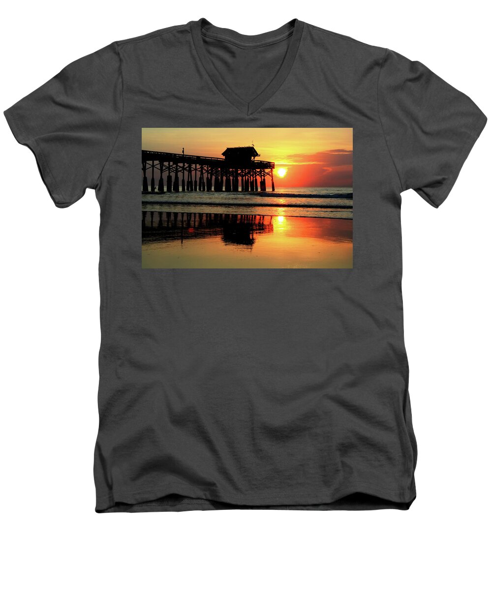 Cocoa Beach Pier Men's V-Neck T-Shirt featuring the photograph Hot Sunrise Over Cocoa Beach Pier by Carol Montoya