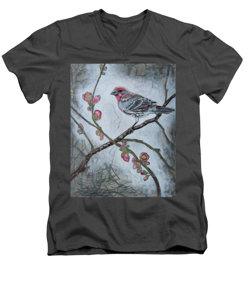 Bird Men's V-Neck T-Shirt featuring the mixed media House Finch by Sheri Howe