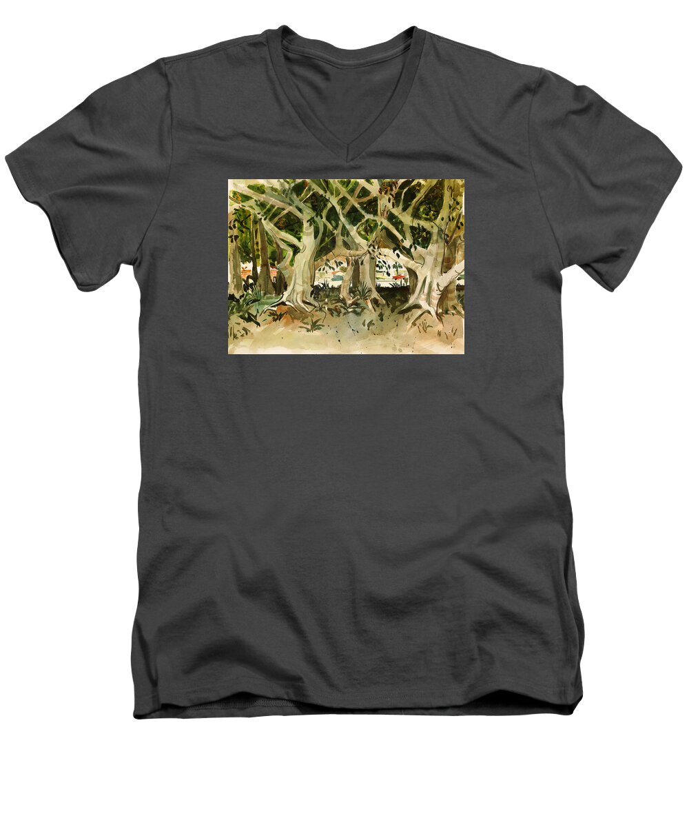 Landscape Men's V-Neck T-Shirt featuring the painting Howley's Banyans by Thomas Tribby