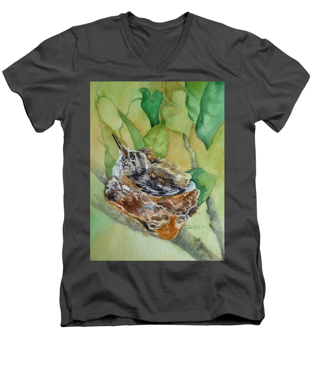 Watercolor Painting Men's V-Neck T-Shirt featuring the painting Hummingbird Nestiing by Pat Dolan