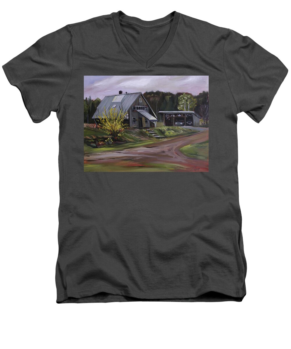 Spring Men's V-Neck T-Shirt featuring the painting Humpals Barn by Nancy Griswold