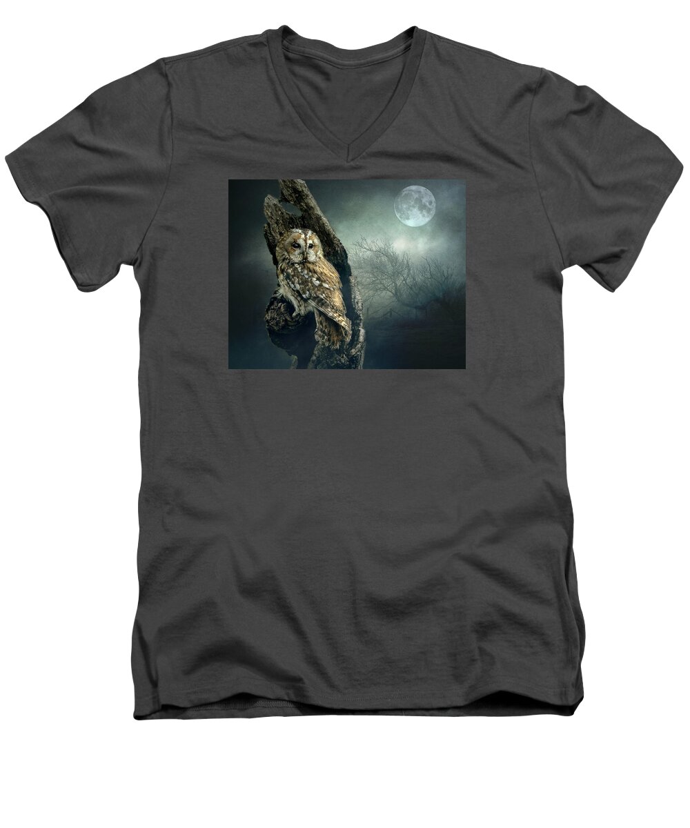 Owl Men's V-Neck T-Shirt featuring the photograph Hunter's Moon by Brian Tarr