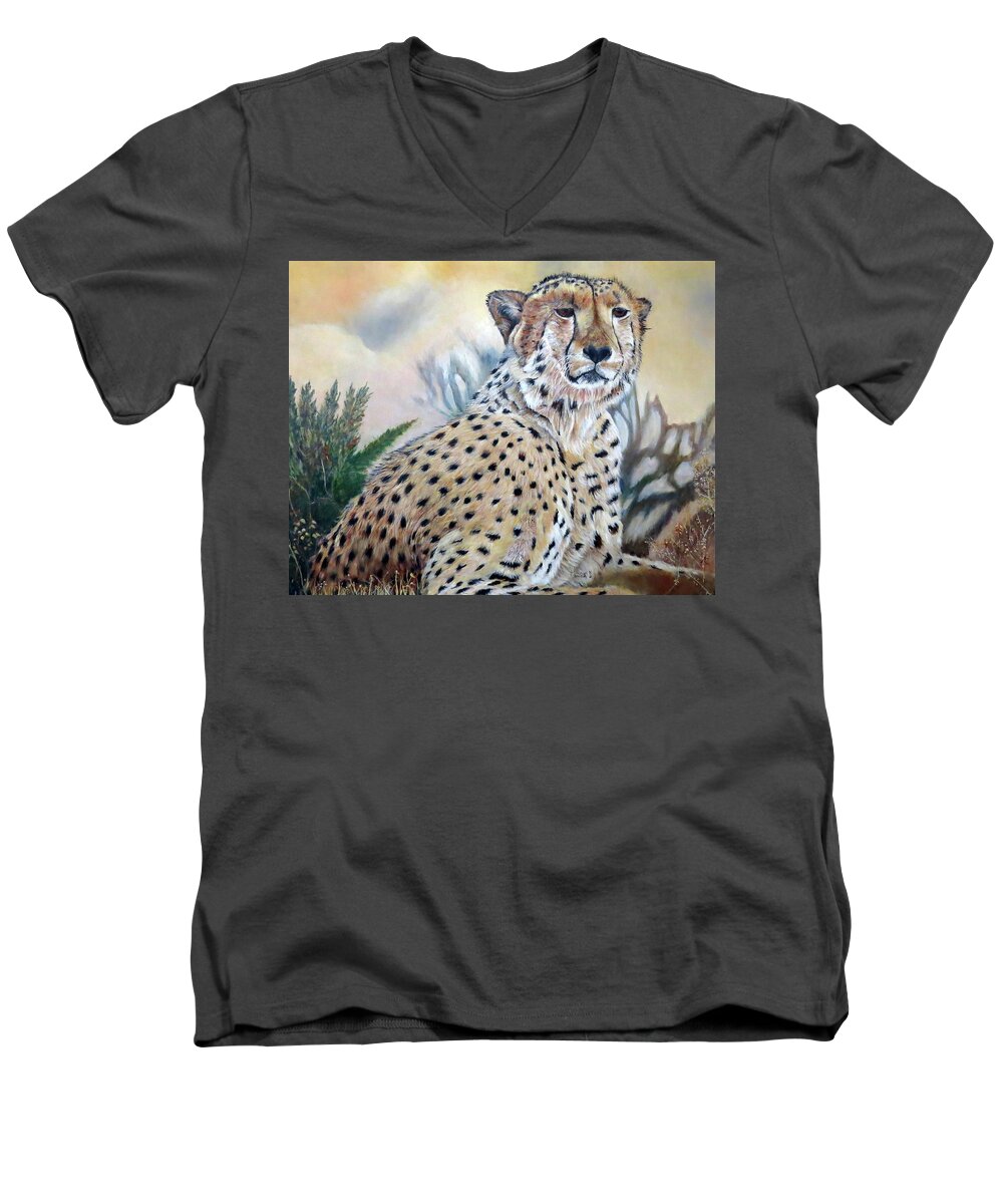 Cheetah Men's V-Neck T-Shirt featuring the painting I am Cheetah 2 by Marilyn McNish