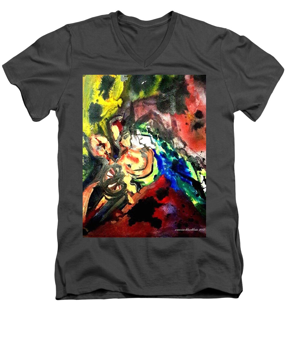  Men's V-Neck T-Shirt featuring the painting I just pain please give me warm hugs by Wanvisa Klawklean