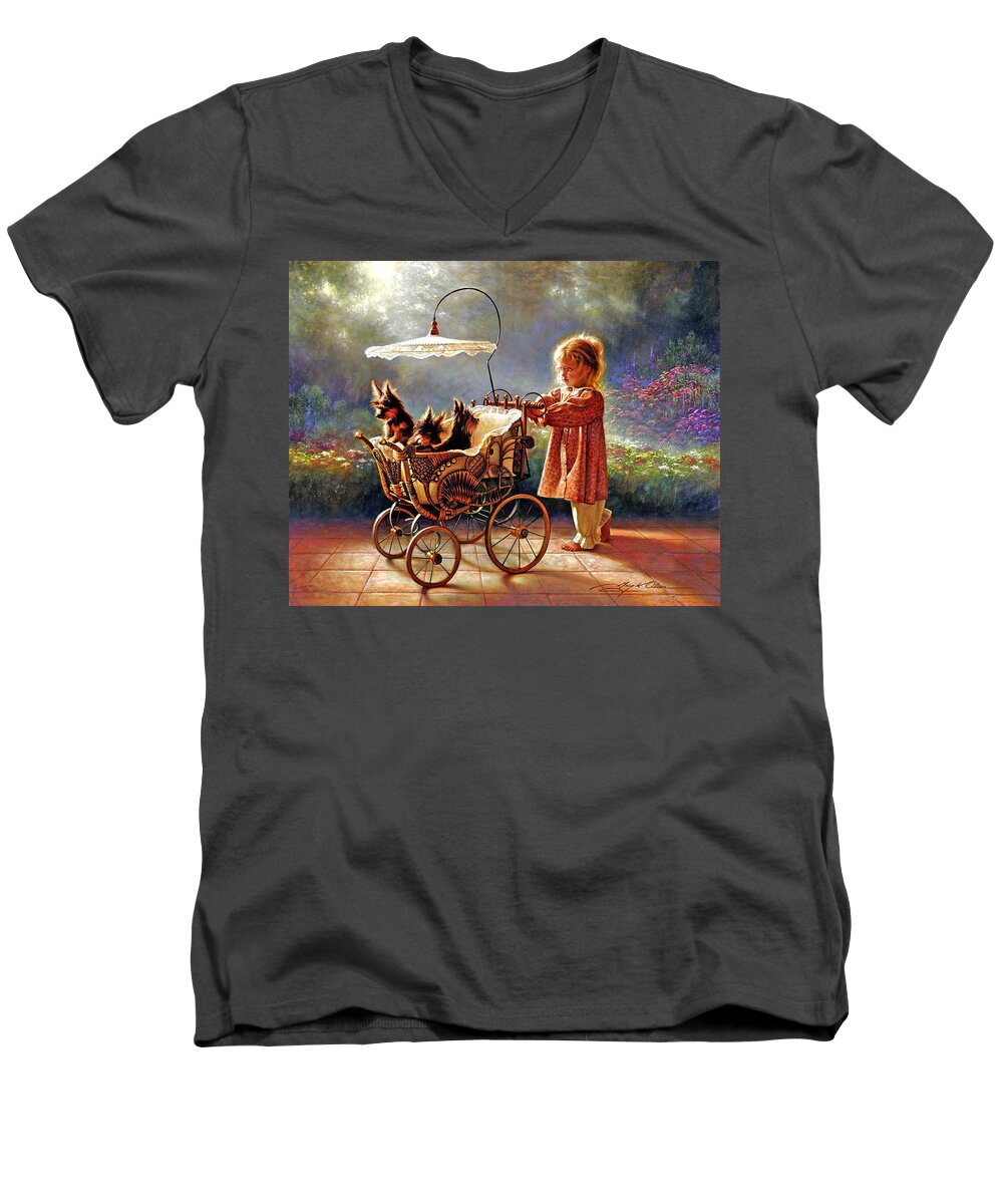 Yorkie Men's V-Neck T-Shirt featuring the painting I Love New Yorkies by Greg Olsen
