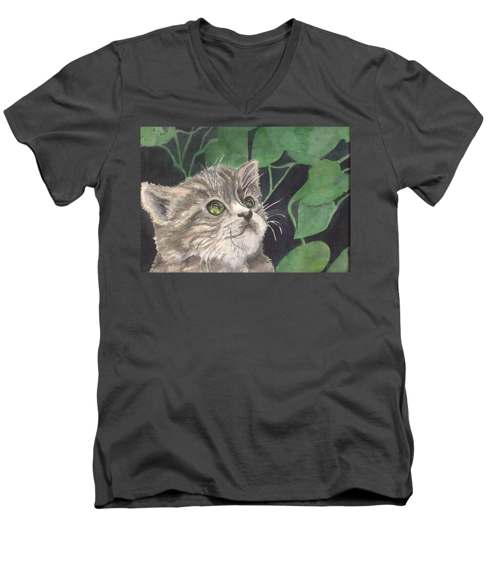 The Eyes Show What The Prey The Cat Is Hunting. A Grey Striped Cat. Men's V-Neck T-Shirt featuring the painting I see you by Charme Curtin