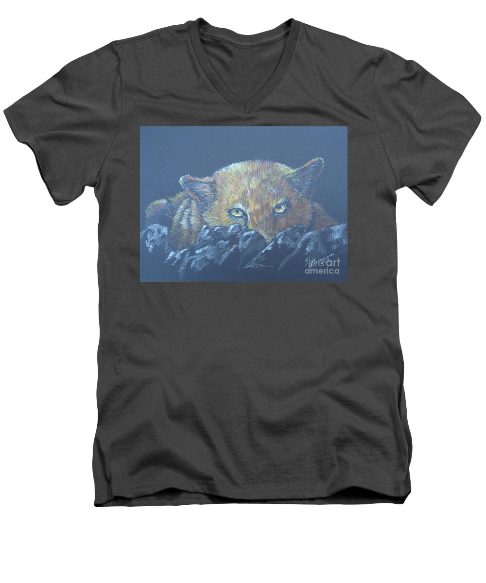 Mountain Lion Men's V-Neck T-Shirt featuring the drawing I See You by Laurianna Taylor