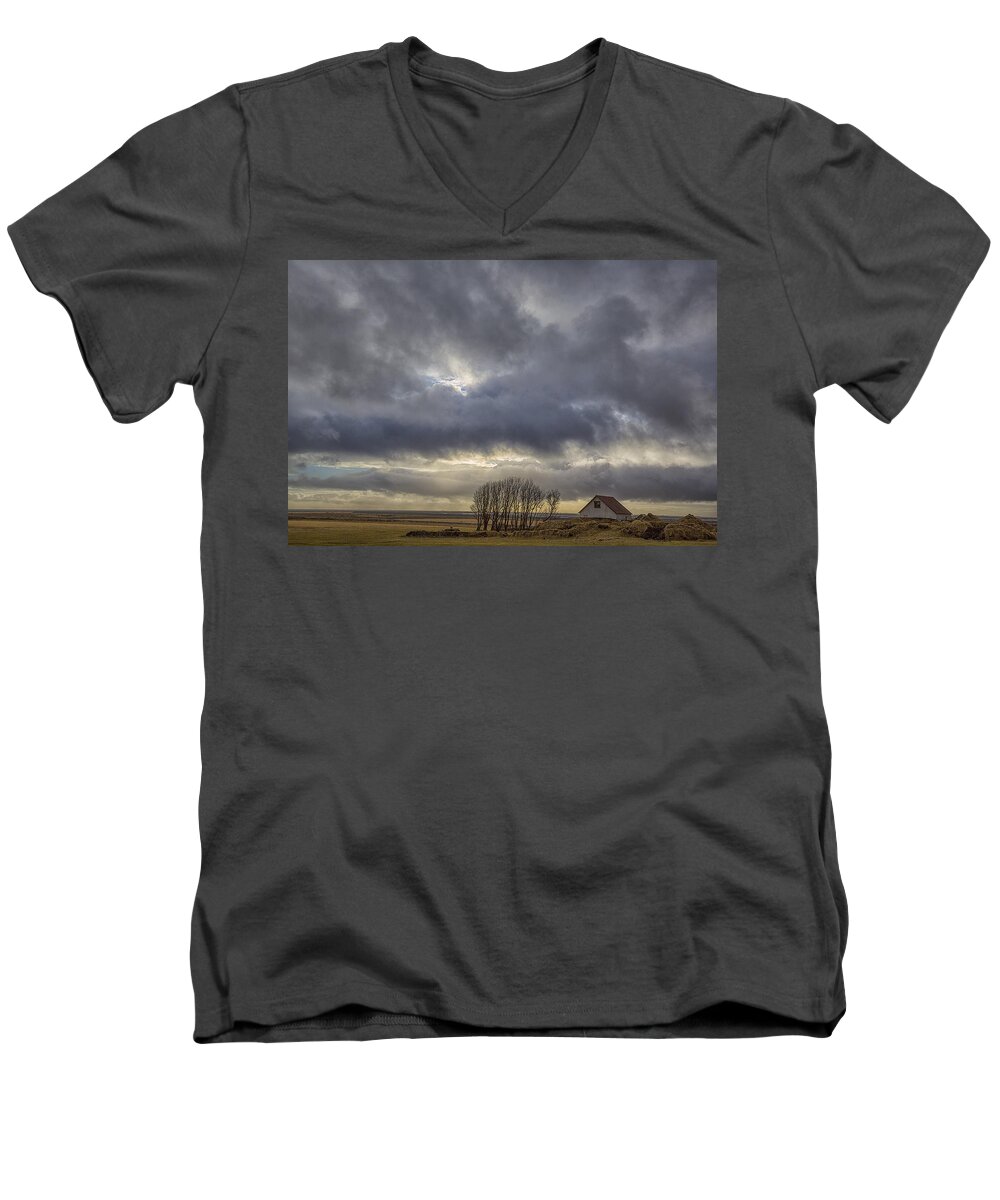 Buildings Men's V-Neck T-Shirt featuring the tapestry - textile Iceland Buildings by Kathy Adams Clark