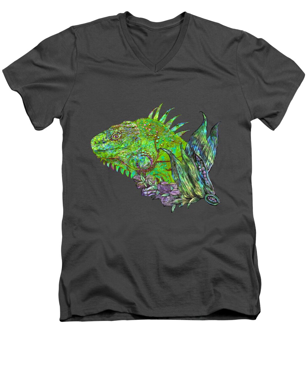 Carol Cavalaris Men's V-Neck T-Shirt featuring the mixed media Iguana Cool by Carol Cavalaris