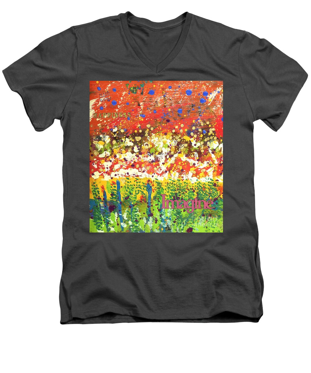 Wood Men's V-Neck T-Shirt featuring the mixed media Imagine Happiness by Angela L Walker